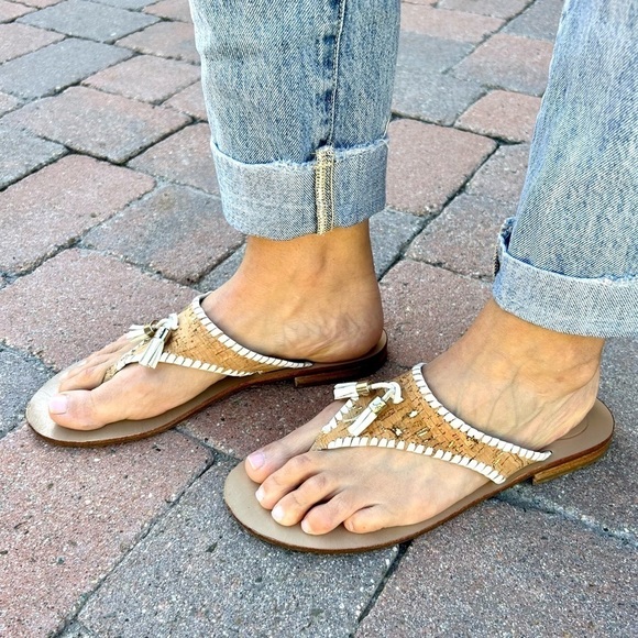Jack Rogers Alana Cork White Leather Tassel Thong Flip Flop Sandals Size 9.5 - Picture 5 of 13